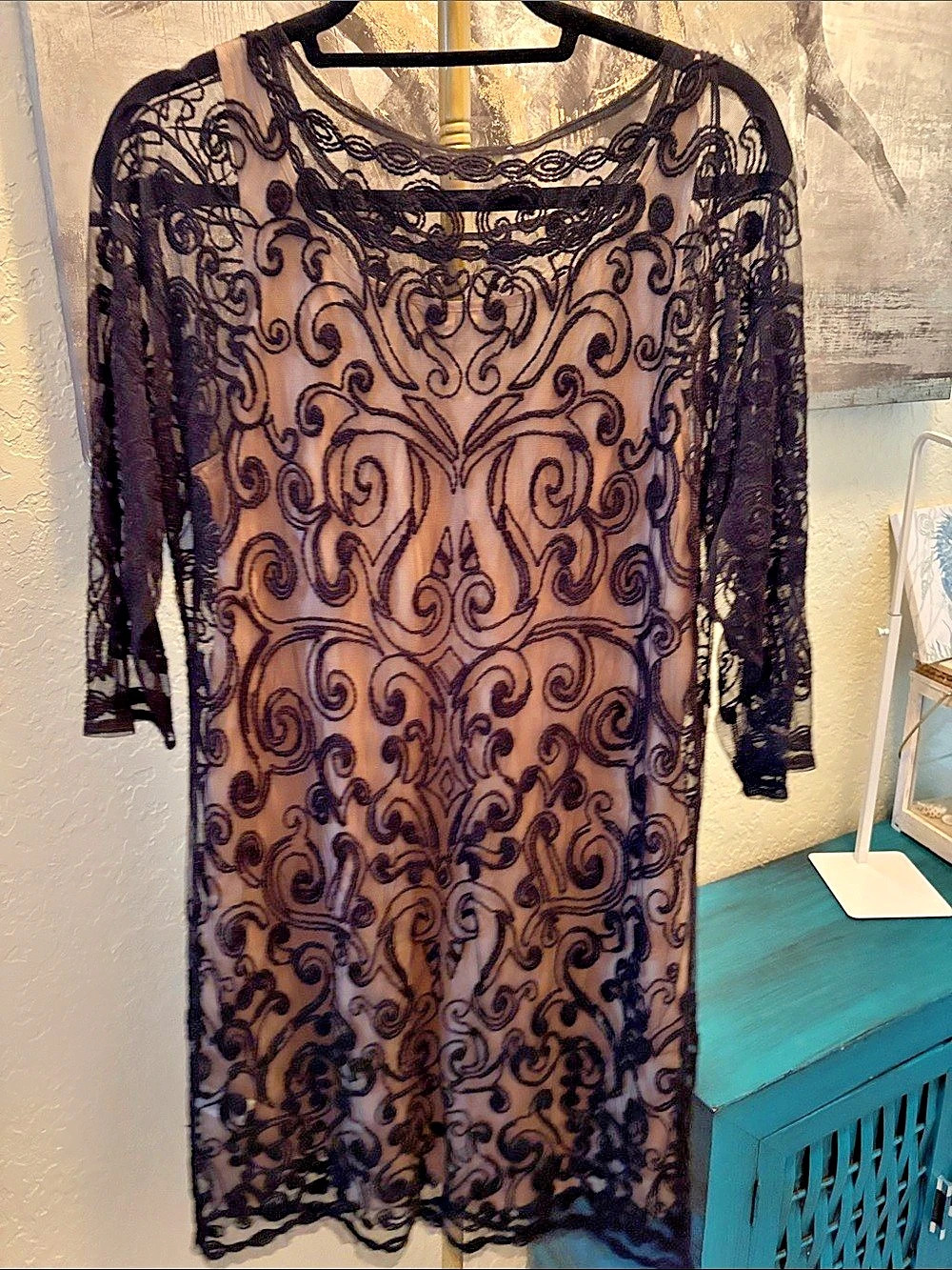 Catherine Malandrino Black Mesh Embroidered Overlay Dress Black Lace Mini Dress
